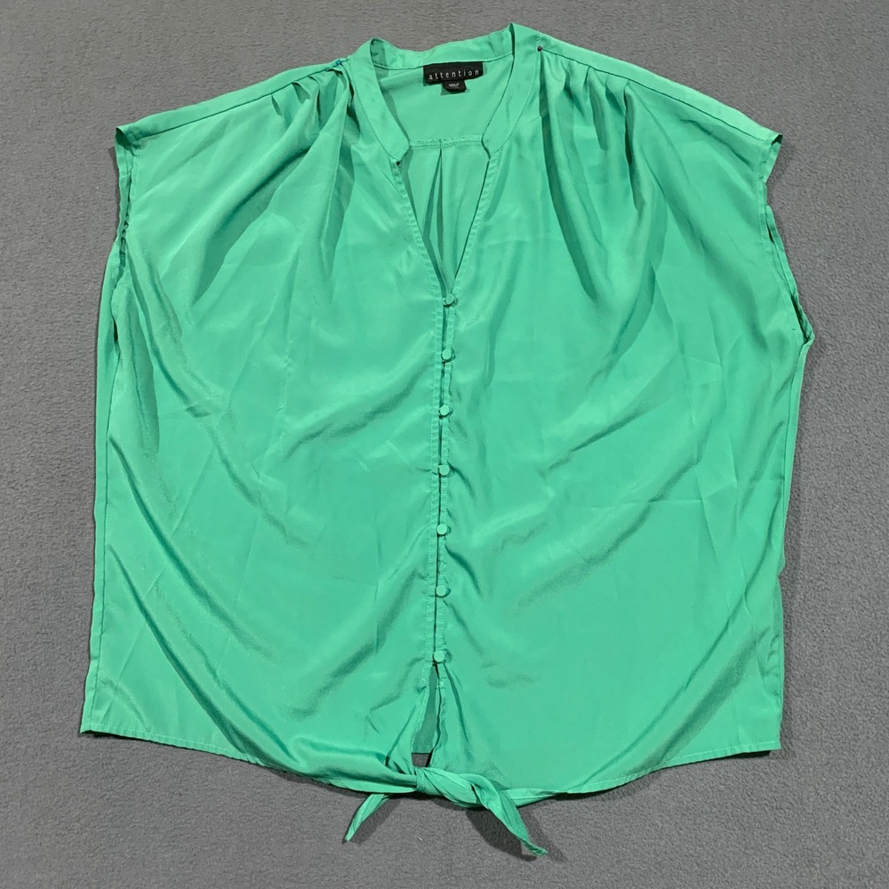 Attention Women's XL Green Button Front Tie Bottom Sleeveless Blouse Top